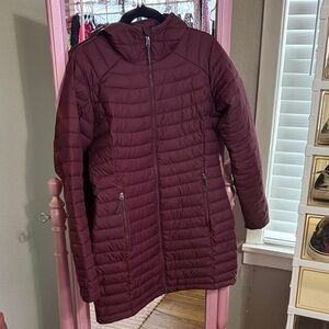 Columbia Powder Lite Long Hooded Deep Maroon Puffer Coat